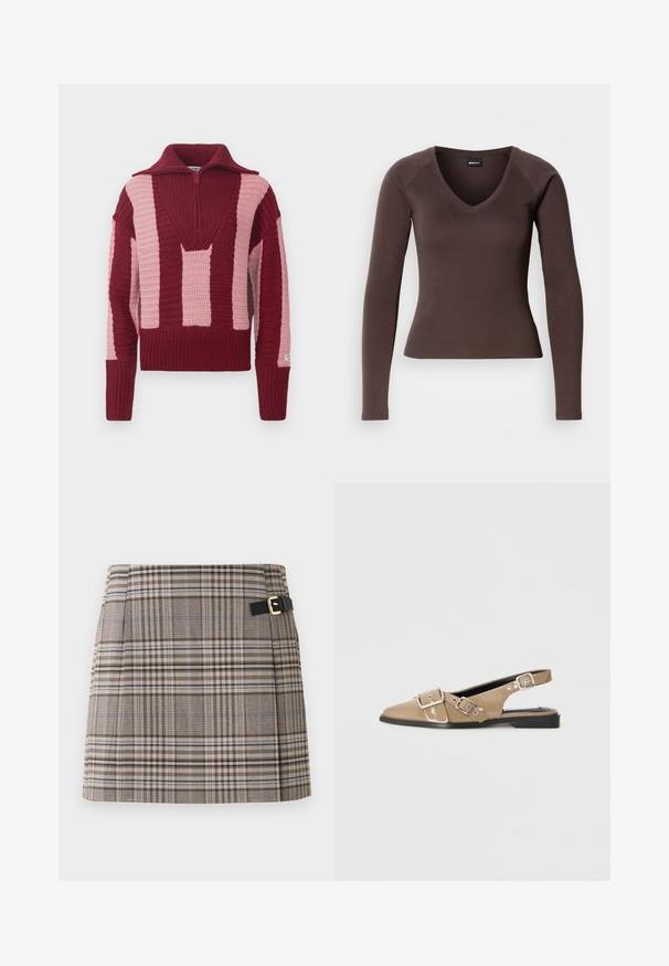 Pull en tricot avec un col en V profond et une fermeture éclair mi-hauteur. Blocs de couleurs bordeaux et rose pâle avec un design texturé à côtes.; Haut à manches longues marron en V, à la silhouette ajustée, fabriqué en tissu extensible doux, avec des manches raglan et des ourlets nets.; Jupe mini à carreaux en marron, beige et bleu avec un détail de boucle sur une ceinture noire. Tissu structuré avec des plis à l'avant.; Chaussures slingback en vernis beige avec un bout pointu, deux boucles ajustables et un petit talon noir. Texture lisse avec une finition brillante.