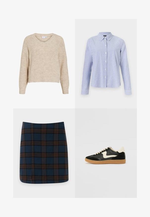 Pull beige en maille avec un col en V et des manches longues. Présente un motif texturé et une coupe courte. Fabriqué en matière douce et chaude.; Chemise à manches longues boutonnée, avec des rayures verticales blanches et bleu clair et un col pointu, présentée sur un fond uni.; Jupe mini en tartan bleu marine avec des lignes marron et grises, fabriquée dans un tissu lisse, avec une fente discrète au dos pour plus de liberté de mouvement.; Baskets en daim et cuir noir avec un swoosh latéral crème et un talon crème clair. Dotées de lacets beige et d'une semelle en caoutchouc gomme.