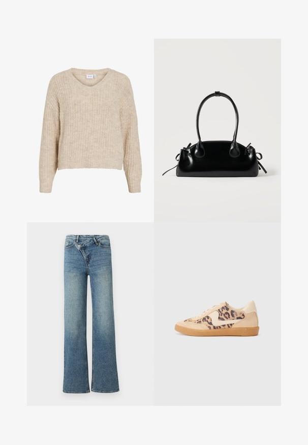 Pull beige en maille avec un col en V et des manches longues. Présente un motif texturé et une coupe courte. Fabriqué en matière douce et chaude.; Jean en denim bleu clair à jambes larges avec une taille haute, un délavage clair et une fermeture à bouton à l'avant. Comprend cinq poches et des coutures minimales.; Baskets en imprimé léopard avec tige en suède beige, semelle en caoutchouc tan et accents blancs. Bout rond et design à lacets avec une finition texturée.; Petit sac à main noir brillant avec deux longues anses et des détails à cordon sur les côtés sur un fond clair uni.