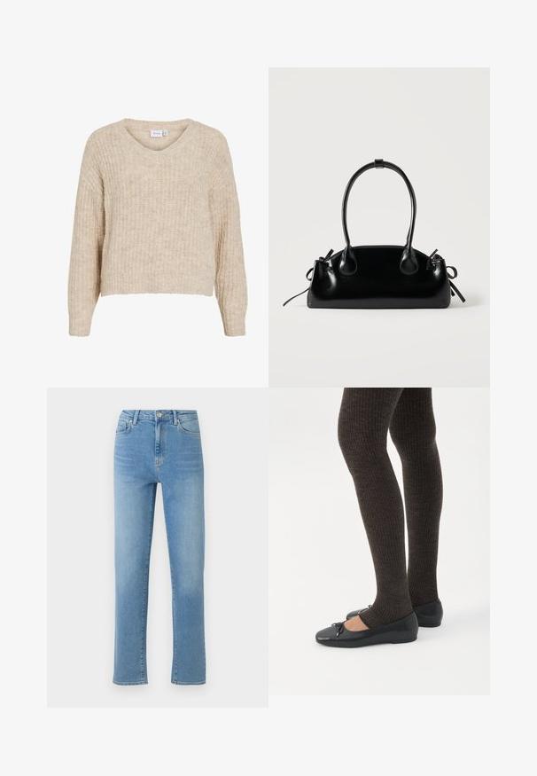 Pull beige en maille avec un col en V et des manches longues. Présente un motif texturé et une coupe courte. Fabriqué en matière douce et chaude.; Jean en denim bleu clair avec une coupe droite, design à cinq poches et finition délavée. Dispose d'un bouton en métal et d'une fermeture éclair à la taille.; Jambes portant des leggings côtelés foncés associés à des ballerines noires avec de petits détails en nœud sur fond blanc.; Petit sac à main noir brillant avec deux longues anses et des détails à cordon sur les côtés sur un fond clair uni.
