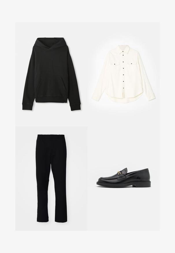 Zwarte sweatshirt met een capuchon, voorzien van een voorste kangoeroe-pocket. Gemaakt van zacht materiaal met ribgebreide manchetten en zoom, biedt een ontspannen pasvorm.; Witte overhemden met lange mouwen, twee borstzakken, zwarte knopen en een gebogen zoom. Gemaakt van een zachte, textuurstof.; Zwarte broek met een slim fit. Ze hebben een elastische tailleband en rechte pijpen, gemaakt van een gladde stof met een matte afwerking.; Zwarte leren instappers met een ronde neus, voorzien van een gouden hardware accent en stikdetails, geplaatst op een lage, getextureerde rubberen zool.