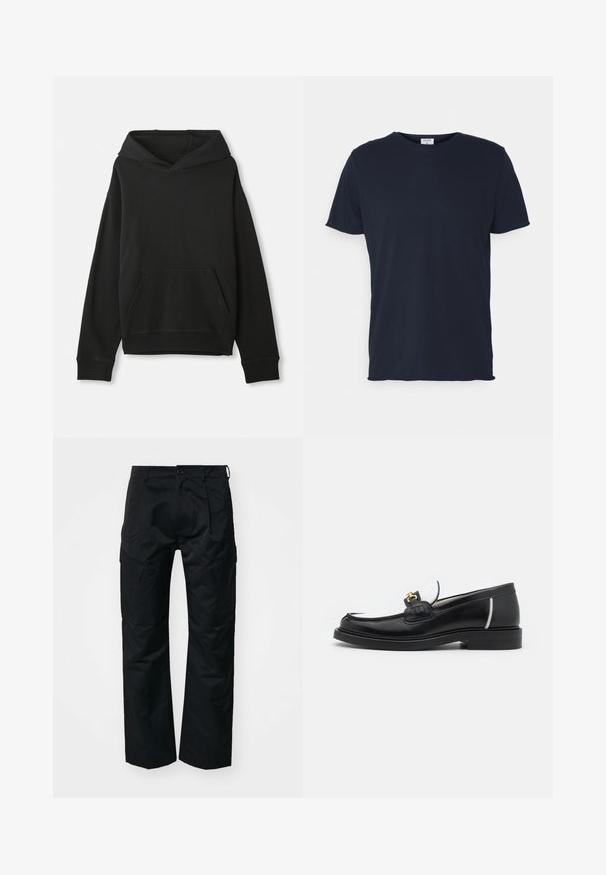 Sweat-shirt noir avec capuche, doté d'une poche kangourou à l'avant. Fabriqué en tissu doux avec des poignets et un ourlet côtelés, offrant une coupe décontractée.; T-shirt en coton bleu marine avec un col rond et des manches courtes, présentant une texture lisse et un design simple, sans motifs ni accents visibles.; Pantalons cargo noirs avec une texture lisse, dotés de poches latérales, d'une fermeture à bouton et d'une coupe décontractée.; Mocassin en cuir noir avec un bout arrondi, des accents blancs et des détails en or sur le dessus. Présente un empiècement texturé et un talon empilé.