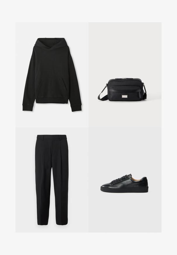 Sweat-shirt noir avec capuche, doté d'une poche kangourou à l'avant. Fabriqué en tissu doux avec des poignets et un ourlet côtelés, offrant une coupe décontractée.; Pantalon noir à jambe droite, confectionné en tissu tissé, avec devant plat, passants pour ceinture et deux poches latérales.; Baskets en cuir noir avec une texture lisse, bout rond et fermeture à lacets. Comprend une semelle en caoutchouc épaisse et un minimum de détails de marque.; Sac bandoulière rectangulaire noir avec poche avant zippée, sangle réglable et plaque logo rectangulaire argentée sur fond uni.