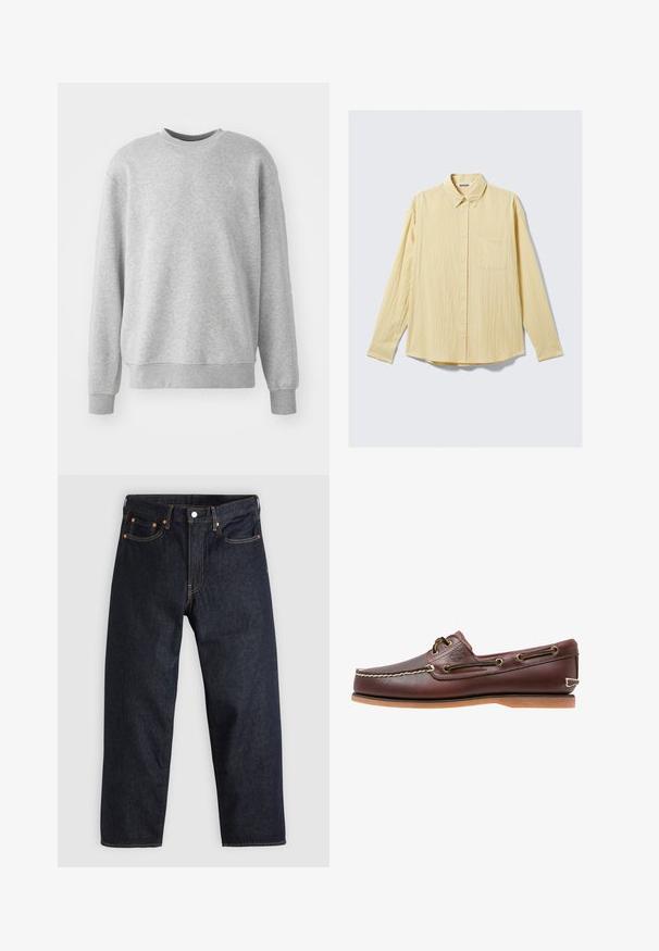 Sweatshirt gris en tissu doux, avec un col rond, des poignets et un ourlet côtelés, et un accent logo subtil sur le devant.; Chemise jaune à manches longues boutonnée en tissu texturé, avec une poche poitrine, un col pointu et un ourlet arrondi. Étiquette de la marque visible.; Jean en denim bleu foncé avec une coupe droite, cinq poches, des coutures orange contrastantes et une fermeture à boutons. Pas de motifs ou d'ornements visibles.; Chaussure bateau en cuir marron avec coutures blanches, détails de lacets et semelle en caoutchouc beige, vue de côté sur fond blanc.