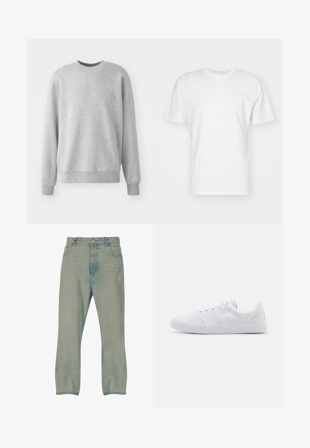 Grå sweatshirt lavet af blødt stof, har en rund halsudskæring, ribbede manchetter og kant, med en diskret logoaccent på fronten.; Hvid bomulds T-shirt med korte ærmer, rund halsudskæring og en glat tekstur. Enkel design uden mønstre eller grafik.; Lyseblå jeans med lige ben, forrest knapper, bæltestropper og forlommer, vist mod en hvid baggrund.; Hvide lærreds sneakers med gummisål, der har seks snørehuller, en struktureret tåkap og et minimalistisk design.