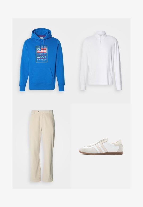 Blå hættetrøje lavet af blødt stof, med en frontkangorup lomme, snoretræk til huen, og et centralt grafisk logo med tekst i rød og hvid.; Hvid langærmet polo shirt med krave og to knapper, vist på en lys grå baggrund.; Beige kordfløjlsbukser med knap- og lynlåslukning, bæltestropper og lige ben på en hvid baggrund.; Lavprofileret hvid og beige sko med ruskindsdetaljer, snørelukning og brun gummisål, vist i sideprofil på ensfarvet baggrund.