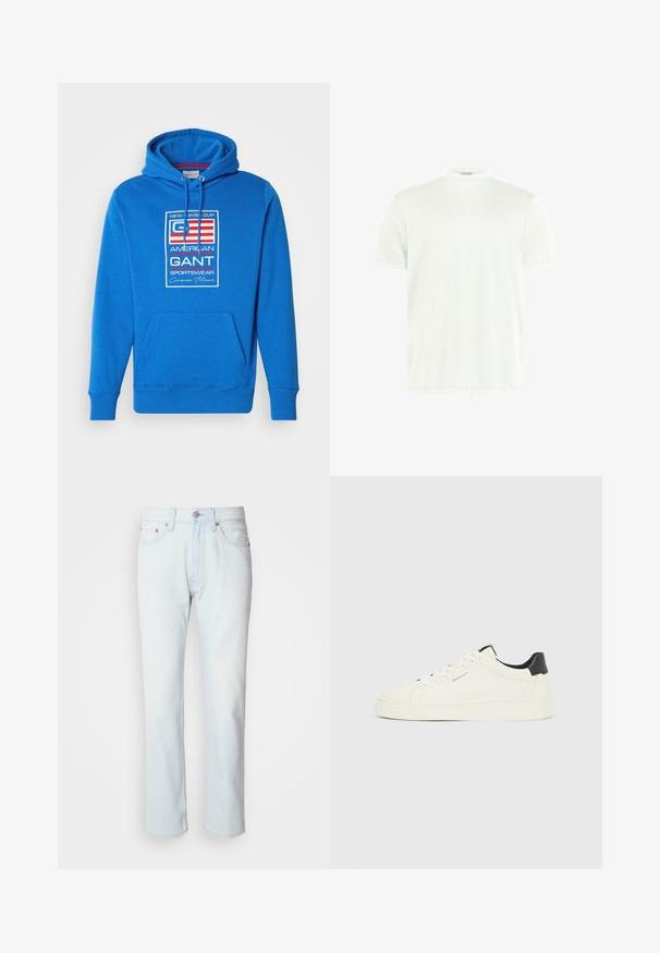 Blauer Kapuzenpullover aus weichem Stoff, mit einer vorderen Kängurutasche, Kordelzugkapuze und einem zentralen Grafiklogo mit Text in Rot und Weiß.; Weißes T-Shirt mit Rundhalsausschnitt aus weichem Stoff. Kurze Ärmel, keine Muster. Schlichtes Design mit geradem Saum und minimalen Details.; Hellblaue Jeans mit geradem Bein. Verfügt über einen Knopfverschluss und Gürtelschlaufen, präsentiert eine ausgebleichte Textur und minimale Nähte.; Weißer Sneaker in niedriger Ausführung mit schwarzem Fersenlasche, weißen Schnürsenkeln und "GANT"-Logo an der Seite, vor einem schlichten hellen Hintergrund präsentiert.