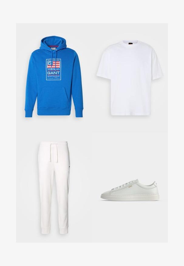 Blauer Kapuzenpullover aus weichem Stoff, mit einer vorderen Kängurutasche, Kordelzugkapuze und einem zentralen Grafiklogo mit Text in Rot und Weiß.; Weißes Baumwoll-T-Shirt mit Rundhalsausschnitt, kurzen Ärmeln und lässiger Passform. Verfügt über strukturierte Schulternaht für zusätzliche Details.; Weiße Baumwoll-Sweatpants mit einem elastischen Bund, Kordelzug und gerippten Bündchen. Mit einem kleinen schwarzen Logo an der Seite.; Weißer Leder-Sneaker in niedriger Ausführung mit Schnürsenkeln, flacher Sohle und kleinem goldfarbenem "BOSS" Logo an der Seite, von der Außenseite betrachtet.