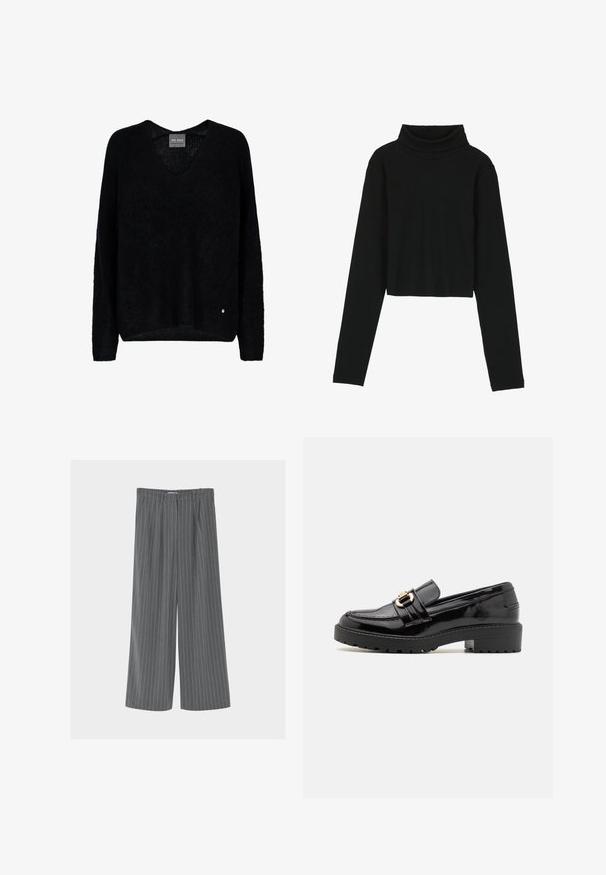 Pull noir surdimensionné avec un col en V, manches longues, fabriqué dans un tissu texturé. Détail remarquable : un petit logo métallique à l'ourlet.; Even&Odd T-shirt à manches longues - black; Pantalon gris à jambes larges avec fines rayures verticales blanches, passants pour ceinture et plis à l'avant, présenté sur un fond uni.; Mocassins en cuir verni noir avec un petit talon bloc, dotés d'une boucle en métal doré proéminente et d'une semelle texturée crantée.