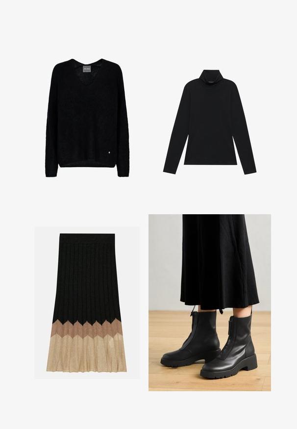 Suéter negro de gran tamaño con cuello en V, mangas largas, hecho de una tela texturizada. Detalle notable incluye un pequeño logo metálico en el dobladillo.; Sudadera negra de manga larga con cuello alto. Tejido suave, diseño ajustado, cuello alto y costuras laterales. Estilo sencillo y versátil, adecuado para combinar en capas.; Falda plisada hecha de tejido metálico, con un patrón de zigzag en negro, beige y dorado. El dobladillo es dorado, creando un contraste de color.; Botas de tobillo de cuero negro con suela de plataforma gruesa y cremallera delantera. Textura suave con un diseño minimalista.