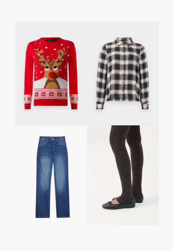 Pull de Noël rouge avec un visage de renne, un nez en pompon, des cornes décorées de lumières vertes et rouges, et des motifs de flocons de neige blancs.; Chemise à manches longues à carreaux dans des teintes marine, blanche et beige. Dotée d'un col standard, d'une fermeture à boutons sur le devant et d'un tissu doux avec un motif à carreaux.; Jean en denim bleu avec une coupe droite, cinq poches, décoloration légère et coutures contrastantes le long des coutures et de la taille.; Jambes portant des leggings côtelés foncés associés à des ballerines noires avec de petits détails en nœud sur fond blanc.