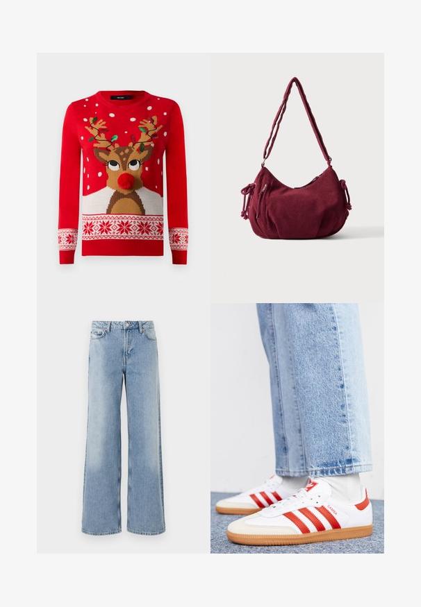 Pull de Noël rouge avec un visage de renne, un nez en pompon, des cornes décorées de lumières vertes et rouges, et des motifs de flocons de neige blancs.; Jeans bleu clair à jambe large avec un délavage, cinq poches, fermeture à bouton et ourlets droits. Fabriqués en denim avec une texture lisse.; Baskets en cuir blanc avec des rayures et des accents rouges. Dotées d'une semelle extérieure en gomme texturée et d'un col rembourré. Portées avec un jean en denim bleu clair.; Sac d'épaule en velours côtelé bordeaux doux avec une sangle réglable, fermeture éclair, liens latéraux et une poche avant zippée.