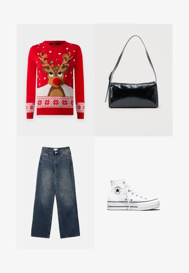 Rød julesweater med rensdyransigt, pom-pom næse, gevir dekoreret med grønne og røde lyskæder og hvide snefnugsmønstre.; Mænds højtaljede blå denim jeans med brede ben, frontknap og lynlås samt for- og baglommer.; Hvid højtop Converse Chuck Taylor All Star-sneaker med sort logo-patch og hvide snørebånd, vist på hvid baggrund.; Sort rektangulær skuldertaske med en enkelt justerbar rem og lynlås i toppen på en ensfarvet baggrund.
