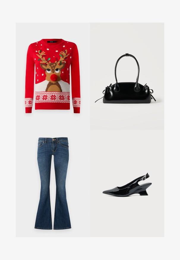 Pull de Noël rouge avec un visage de renne, un nez en pompon, des cornes décorées de lumières vertes et rouges, et des motifs de flocons de neige blancs.; Jeans évasés bleu foncé en denim, avec une conception à cinq poches, des passants de ceinture et une fermeture à bouton à l'avant. Texture lisse avec un minimum de décoloration.; Chaussure slingback en cuir verni noir avec bout pointu et petit talon bloc incliné sur fond clair uni.; Petit sac à main noir brillant avec deux longues anses et des détails à cordon sur les côtés sur un fond clair uni.