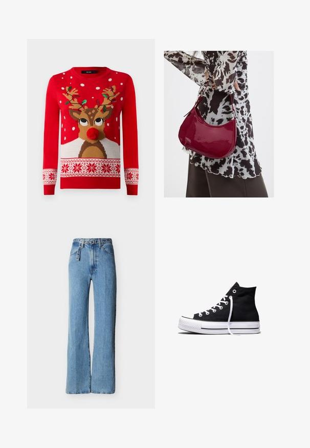 Rød julesweater med rensdyransigt, pom-pom næse, gevir dekoreret med grønne og røde lyskæder og hvide snefnugsmønstre.; Lyseblå jeans i høj talje med vide ben, fem lommer og et matchende bælte i denim med metaløjer og spænde.; Sort high-top canvas sneaker med hvid gummisål og hvide snørebånd, vist fra siden mod en hvid baggrund.; Kvinde iført en sort- og hvidmønstret bluse, der holder en blank rød skuldertaske mod en ensfarvet baggrund.