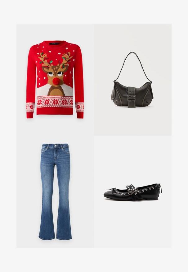 Rød julesweater med rensdyransigt, pom-pom næse, gevir dekoreret med grønne og røde lyskæder og hvide snefnugsmønstre.; Blå denim flared jeans med en medium vask, der har fem lommer, en knaplukning og en let slidt tekstur ved kanten.; Sort flad balletsko med dobbelt spænde, sølvøjer og en lille sløjfe nær den runde tå på en hvid baggrund.; Sort læder skuldertaske med spænde på remmen, afrundede kanter og kontrasterende hvide syninger på en ensfarvet baggrund.