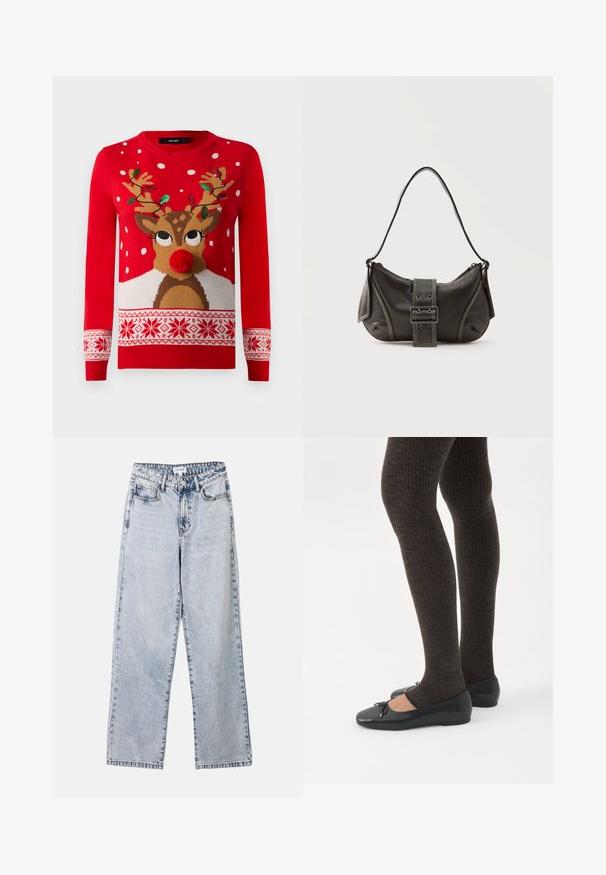 Rød julesweater med rensdyransigt, pom-pom næse, gevir dekoreret med grønne og røde lyskæder og hvide snefnugsmønstre.; Lysblå lige ben jeans lavet af denim, med to frontlommer, en knaplukning og kontraststing langs sømmene.; Ben iført mørke ribbede leggings kombineret med sorte balletsko med små sløjfedetaljer på hvid baggrund.; Sort læder skuldertaske med spænde på remmen, afrundede kanter og kontrasterende hvide syninger på en ensfarvet baggrund.