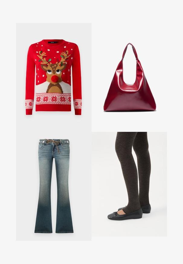 Pull de Noël rouge avec un visage de renne, un nez en pompon, des cornes décorées de lumières vertes et rouges, et des motifs de flocons de neige blancs.; Jean en denim évasé dégradé du bleu clair au bleu foncé, avec une ceinture brodée et un cordon brun pour plus de détails.; Jambes portant des leggings côtelés foncés associés à des ballerines noires avec de petits détails en nœud sur fond blanc.; Sac à main en cuir laqué rouge de forme triangulaire, avec une large ouverture en haut et une seule anse courbée. Texture lisse avec des détails de couture minimaux.