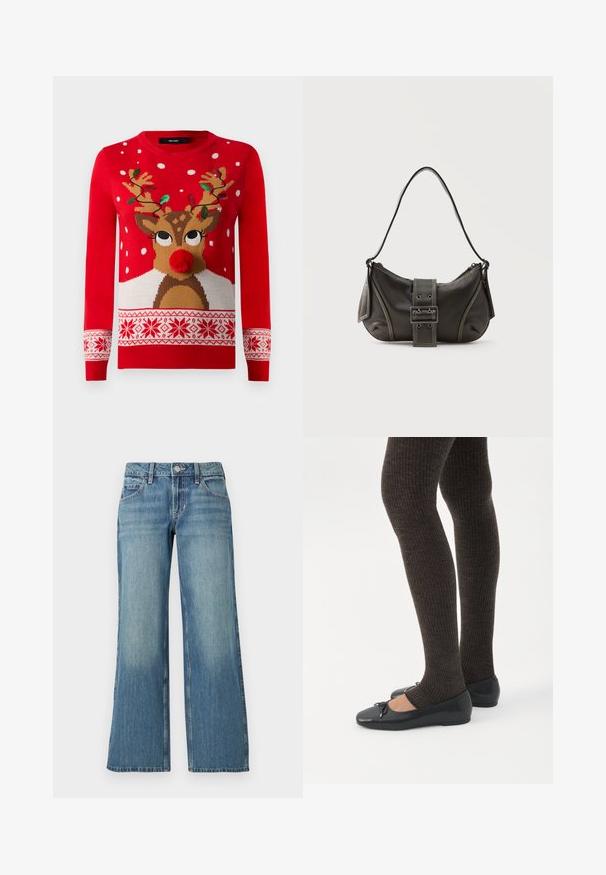 Rød julesweater med rensdyransigt, pom-pom næse, gevir dekoreret med grønne og røde lyskæder og hvide snefnugsmønstre.; Lyseblå denimjeans med bred benform, der har en mellemhøj talje, forlommer og diskret falming, der viser en glat tekstur.; Ben iført mørke ribbede leggings kombineret med sorte balletsko med små sløjfedetaljer på hvid baggrund.; Sort læder skuldertaske med spænde på remmen, afrundede kanter og kontrasterende hvide syninger på en ensfarvet baggrund.