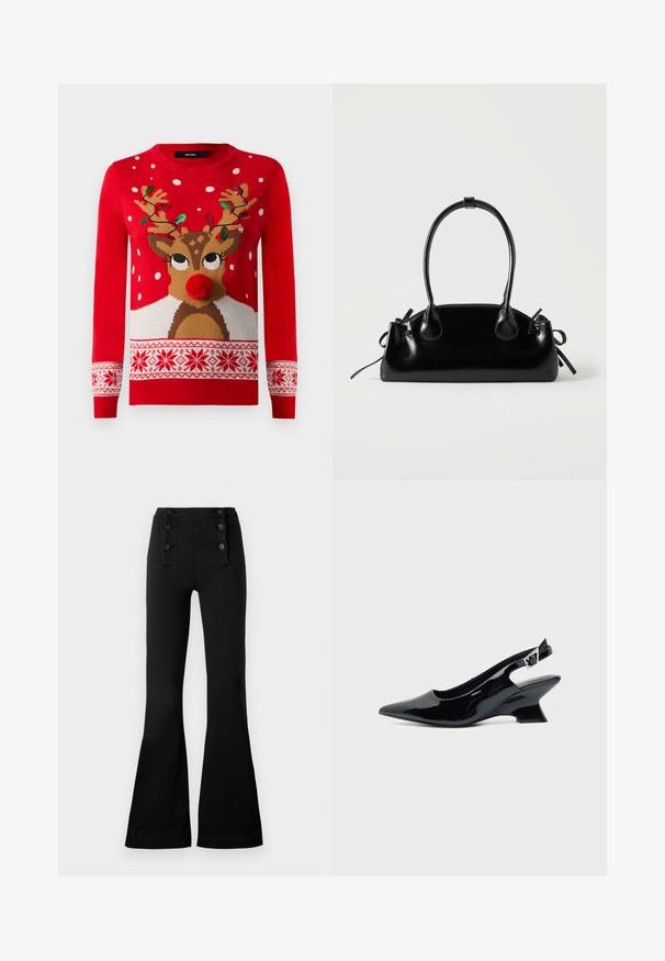 Rød julesweater med rensdyransigt, pom-pom næse, gevir dekoreret med grønne og røde lyskæder og hvide snefnugsmønstre.; Sorte flagrende bukser lavet af denim med høj talje, der har fire dekorative knapper foran og en glat tekstur.; Sort laklæder slingback sko med spids tå og lav vinklet blokhæl på ensartet lys baggrund.; Lille sort blank håndtaske med to lange håndtag og snøre-detaljer i siden på en ensfarvet lys baggrund.