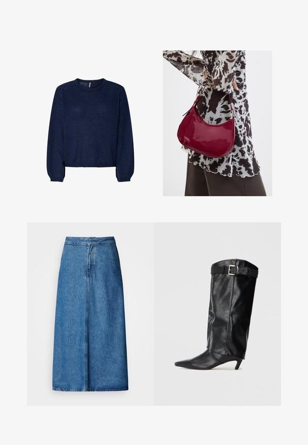 Pull en maille bleu marine avec un col rond, des manches longues et un ourlet court. Texture douce, sans motifs ni embellissements visibles.; Jupe midi en denim à coupe décontractée, avec une taille haute, un ourlet effiloché et une couleur bleu uni. Design simple sans ornements visibles.; Botte noire en cuir, montante jusqu'au genou, avec un bout pointu et un petit talon. Présente une ceinture en haut avec une boucle en métal argenté. Texture lisse.; Femme portant un chemisier à motif noir et blanc tenant un sac à main rouge brillant sur un fond uni.