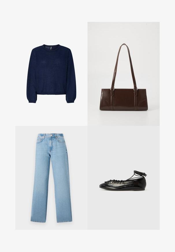 Pull en maille bleu marine avec un col rond, des manches longues et un ourlet court. Texture douce, sans motifs ni embellissements visibles.; Jeans larges de couleur bleu clair en denim, avec une taille haute, un design à cinq poches et une fermeture à bouton avec zip.; Ballerines en cuir verni noir avec un bout rond, un design à lacets et une semelle plate. Texture lisse avec peu de détails.; Sac à main en cuir verni marron de forme rectangulaire, avec deux longues poignées et des accents courbés subtils à l'avant.
