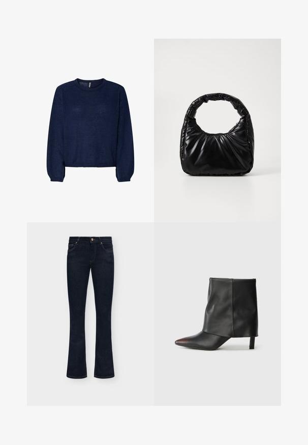 Pull en maille bleu marine avec un col rond, des manches longues et un ourlet court. Texture douce, sans motifs ni embellissements visibles.; Jean en denim bleu foncé avec une taille mi-haute, un bouton sur le devant et un léger évasement en bas sur un fond uni.; Bottine noire en cuir lisse avec un bout pointu et un talon effilé. La tige présente un design légèrement froncé.; Sac à main noir rembourré avec une poignée arrondie, présentant une surface lisse et brillante ainsi qu'une texture douce et matelassée. Pas de quincaillerie ou d'accents visibles.