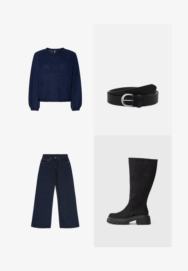 Pull en maille bleu marine avec un col rond, des manches longues et un ourlet court. Texture douce, sans motifs ni embellissements visibles.; Jean large bleu foncé en denim. Ses caractéristiques comprennent cinq poches, des passants de ceinture et des coutures orange contrastantes. Sans motifs ni embellissements.; Botte noire mi-haute en suède souple avec une semelle en caoutchouc noire épaisse et un bout légèrement arrondi. Elle présente un design sans coutures et une texture lisse.; Ceinture en cuir noir avec une boucle ronde en métal argenté, design plat, extrémité effilée, texture lisse et style minimaliste.