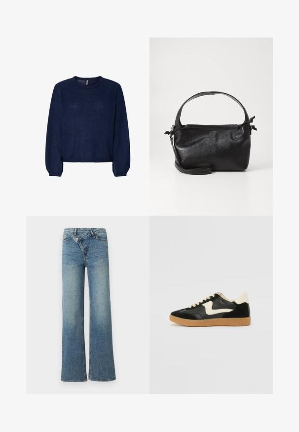 Pull en maille bleu marine avec un col rond, des manches longues et un ourlet court. Texture douce, sans motifs ni embellissements visibles.; Jean en denim bleu clair à jambes larges avec une taille haute, un délavage clair et une fermeture à bouton à l'avant. Comprend cinq poches et des coutures minimales.; Baskets en daim et cuir noir avec un swoosh latéral crème et un talon crème clair. Dotées de lacets beige et d'une semelle en caoutchouc gomme.; Sac à main en cuir noir au design structuré, avec une poignée arrondie et une bandoulière amovible. Présente une texture lisse et un éclat subtil.