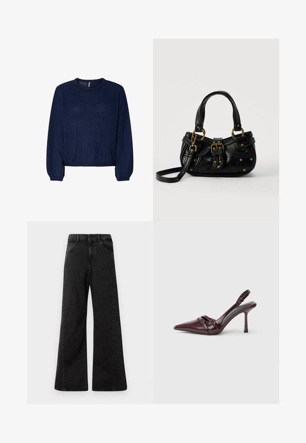 Marineblå strikket sweater med rund halsudskæring, lange ærmer og cropped kant. Blød tekstur, ingen synlige mønstre eller udsmykninger.; Højtaljede sorte denim jeans med vidde ben-design, der har forlommer og en knaplukning i taljen.; Bourgogne laklæder slingback-hæl med spids tå, tynd ankelrem og lille dekorativ spænde. Glat tekstur og høj hæl.; Sort læderhåndtaske med guldbælge og nitdetaljer, korte håndtag og en justerbar skulderrem på en ensfarvet hvid baggrund.