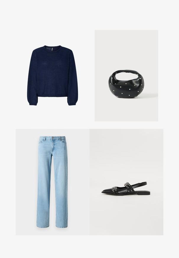 Marineblå strikket sweater med rund halsudskæring, lange ærmer og cropped kant. Blød tekstur, ingen synlige mønstre eller udsmykninger.; Lysblå denimjeans, lige ben-design, med fem lommer og en frontlukning med knap. Glat tekstur med subtil falming.; Even&Odd by Zalando Slingback-ballerinasko - black; Sort læderhåndtaske med en rundet form, dekoreret med sølvnitter, og et kort håndtag. Glat tekstur og lynlåslukning.