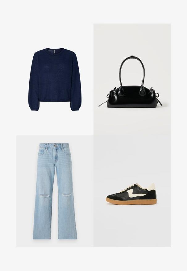 Pull en maille bleu marine avec un col rond, des manches longues et un ourlet court. Texture douce, sans motifs ni embellissements visibles.; Jean en denim bleu clair avec une taille haute, une jambe large et deux accents de genoux déchirés. Agrémenté de passants de ceinture et de poches avant.; Baskets en daim et cuir noir avec un swoosh latéral crème et un talon crème clair. Dotées de lacets beige et d'une semelle en caoutchouc gomme.; Petit sac à main noir brillant avec deux longues anses et des détails à cordon sur les côtés sur un fond clair uni.