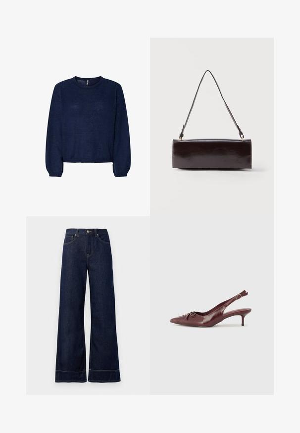 Marineblå strikket sweater med rund halsudskæring, lange ærmer og cropped kant. Blød tekstur, ingen synlige mønstre eller udsmykninger.; Mørkeblå brede jeans lavet af denim. Har en knaplukning, stikninger og sidelommer. Udfoldet nederste kant.; Bordeaux læder slingback hæl med spidse tå, justerbar rem og dekorativ sløjfedetalje foran. 7,5 cm hælhøjde.; Rektangulær sort læderhåndtaske med en enkelt lang rem og blank finish, vist mod en ensfarvet hvid baggrund.