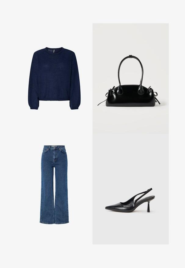 Pull en maille bleu marine avec un col rond, des manches longues et un ourlet court. Texture douce, sans motifs ni embellissements visibles.; Jean en denim bleu taille haute avec jambes larges, comprenant un design traditionnel à cinq poches, une fermeture à bouton en métal et des coutures contrastées.; Chaussure à talon haut en cuir noir, à bride arrière, avec un bout pointu et un talon fin sur fond blanc.; Petit sac à main noir brillant avec deux longues anses et des détails à cordon sur les côtés sur un fond clair uni.