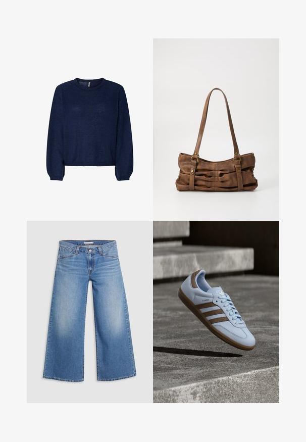 Pull en maille bleu marine avec un col rond, des manches longues et un ourlet court. Texture douce, sans motifs ni embellissements visibles.; Jean large bleu clair en denim, avec une taille haute, un design classique à cinq poches, et un léger décoloration le long des jambes.; Baskets bleu clair avec accents en daim marron, présentant trois bandes latérales, des lacets plats et une semelle en gomme texturée. Logo de la marque sur la languette.; Even&Odd Sac à main - brown