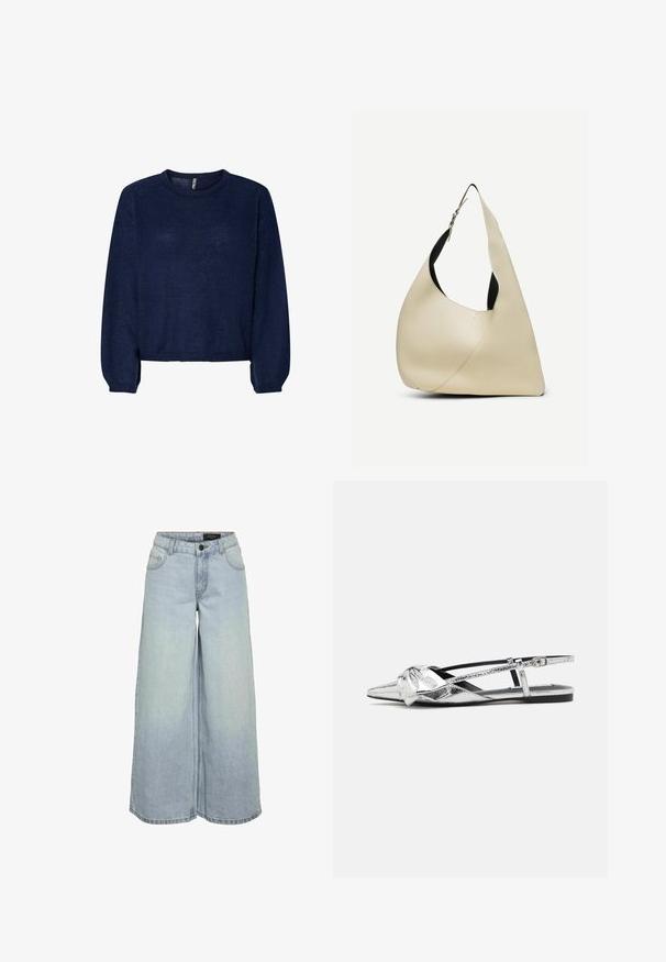 Marineblå strikket sweater med rund halsudskæring, lange ærmer og cropped kant. Blød tekstur, ingen synlige mønstre eller udsmykninger.; Lyseblå vidde-benet denimjeans med frontknap og lynlås, bæltestropper og forlommer.; Sølvmetallic slingback flade sko med spids tå, der har en knude-detalje foran og en justerbar rem for sikker pasform.; Skuldertaske i cremelærret glat læder med buet trekantet form og justerbar rem med sølvspænde.