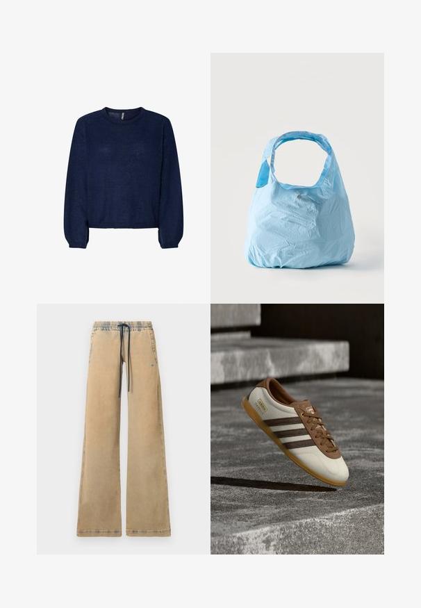 Marineblå strikket sweater med rund halsudskæring, lange ærmer og cropped kant. Blød tekstur, ingen synlige mønstre eller udsmykninger.; Beige viddebenede bukser med elastisk talje, blå snor og sidelommer. Har kontrastsyning og en let falmet struktur.; Hvid og brun Adidas Gazelle-sneaker med gummisål svævende over stenetrin og jord i udendørs omgivelser.; Lyseblå genanvendelig indkøbs taske med brede håndtag, let krøllet stof, stående oprejst på en ensfarvet hvid baggrund.