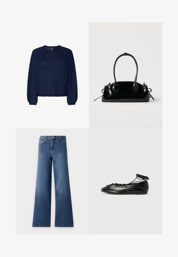 Suéter de punto azul marino con cuello redondo, mangas largas y dobladillo recortado. Textura suave, sin patrones ni adornos visibles.; Pantalones vaqueros de denim azul de pierna ancha con una cinturilla estándar, bolsillos delanteros y una textura suave. Sin patrones visibles ni adornos.; Zapatos planos tipo ballet de charol negro con punta redondeada, diseño con cordones y suela plana. Textura lisa con detalles mínimos.; Pequeño bolso negro brillante con dos asas largas y detalles de cordón lateral sobre un fondo claro liso.