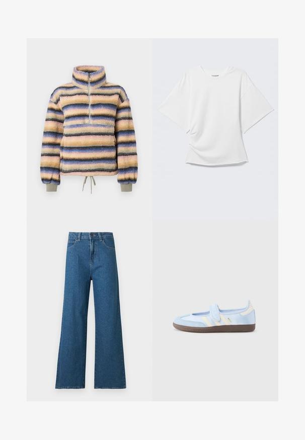 Polaire à col montant, avec des rayures horizontales en rose pastel, bleu, gris et noir. Comprend une courte fermeture éclair et un ourlet à cordon de serrage.; T-shirt blanc oversize à manches courtes avec col rond présenté sur un fond gris clair.; Jean denim bleu à jambes larges avec fermeture avant à boutons et zip, et design classique à cinq poches sur fond blanc.; Baskets bleu clair avec une sangle à velcro, des bandes crème sur les côtés, tige en tissu souple, semelle en caoutchouc marron texturée.