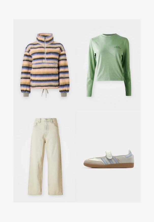 Polaire à col montant, avec des rayures horizontales en rose pastel, bleu, gris et noir. Comprend une courte fermeture éclair et un ourlet à cordon de serrage.; T-shirt à manches longues vert clair en coton doux, avec un col rond et un petit logo imprimé sur le côté supérieur gauche.; Jean en denim à jambe large de couleur beige clair, avec poches avant, taille haute et détails de couture subtils. Fabriqué en tissu denim texturé.; adidas Originals SAMBA JANE BALLERINA - Babies - cloud white/halo blue