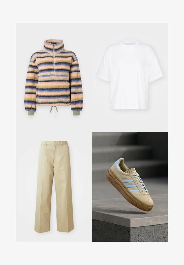 Polaire à col montant, avec des rayures horizontales en rose pastel, bleu, gris et noir. Comprend une courte fermeture éclair et un ourlet à cordon de serrage.; T-shirt en coton blanc avec un col rond, des manches courtes et une coupe décontractée. Présente un logo discret sur la zone gauche de la poitrine. Texture lisse.; Pantalons beige à jambes larges en coton avec une texture lisse. Présentent une coupe droite, des passants de ceinture et des poches avant.; Baskets en daim beige avec des accents bleu clair et trois bandes. Elles présentent un talon texturé, une semelle surélevée et un logo embossé sur le côté.