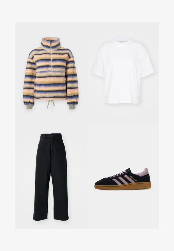 Polaire à col montant, avec des rayures horizontales en rose pastel, bleu, gris et noir. Comprend une courte fermeture éclair et un ourlet à cordon de serrage.; T-shirt en coton blanc avec un col rond, des manches courtes et une coupe décontractée. Présente un logo discret sur la zone gauche de la poitrine. Texture lisse.; Jean noir taille haute à jambes larges avec poches avant et fermeture à bouton, présenté sur un fond blanc uni.; Baskets en suède noir et rose avec semelle en caoutchouc, trois rayures roses, marquage doré "SPEZIAL" et semelle en gomme texturée. Design basse.