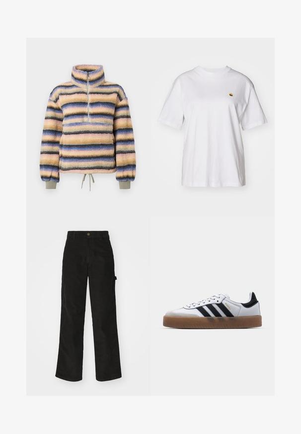 Polaire à col montant, avec des rayures horizontales en rose pastel, bleu, gris et noir. Comprend une courte fermeture éclair et un ourlet à cordon de serrage.; T-shirt en coton blanc avec une coupe décontractée, des manches courtes et un petit logo brodé sur la poitrine gauche.; Pantalon en velours côtelé noir avec une coupe droite, doté d'une fermeture à bouton et de poches latérales. Texture lisse avec de fines rayures verticales.; Baskets en cuir blanc avec des rayures noires, semelle extérieure en caoutchouc beige, bout rond, fermeture lacée et embout en suède gris doux.