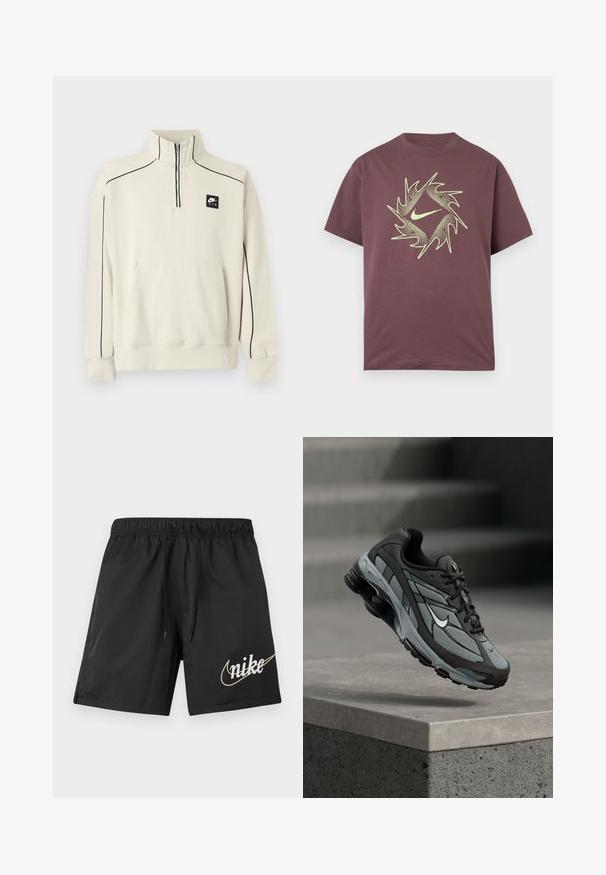 Sweat-shirt beige clair avec un col demi-zip, des coutures décoratives noires et une poche avant, arborant un logo Nike Air noir sur la poitrine.; T-shirt à manches courtes bordeaux avec un design abstrait circulaire pointu en jaune néon et un logo swoosh central sur la poitrine.; Shorts de sport noirs avec une ceinture élastique et un cordon de serrage, comportant un grand logo Nike beige sur la partie inférieure de la jambe droite.; Baskets athlétiques grises et noires avec panneaux en mesh et semelle épaisse, positionnées en plein air au-dessus d'un rebord en béton avec des escaliers en arrière-plan.