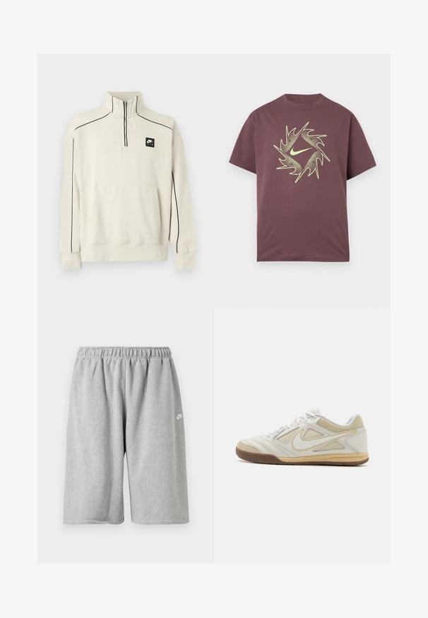 Sweat-shirt beige clair avec un col demi-zip, des coutures décoratives noires et une poche avant, arborant un logo Nike Air noir sur la poitrine.; T-shirt à manches courtes bordeaux avec un design abstrait circulaire pointu en jaune néon et un logo swoosh central sur la poitrine.; Shorts en coton gris avec une taille élastique, offrant une coupe ample et un petit logo blanc près de l'ourlet. Texture lisse, longueur au-dessus du genou.; Chaussure de sport blanche avec une tige texturée, accents gris, design à lacets et semelle en caoutchouc beige. Présente un logo distinctif sur le côté.