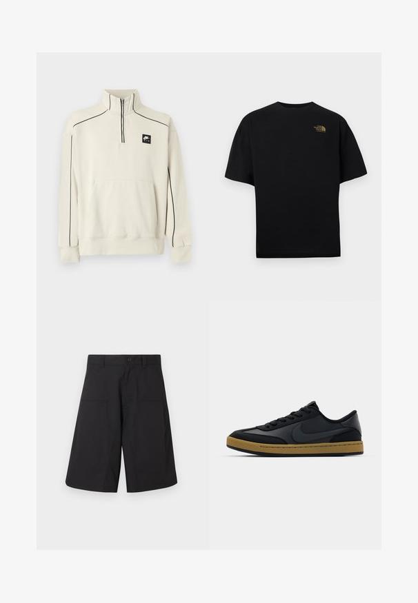Sweat-shirt beige clair avec un col demi-zip, des coutures décoratives noires et une poche avant, arborant un logo Nike Air noir sur la poitrine.; T-shirt noir à manches courtes en coton avec un col rond. Dispose d'un logo doré sur le côté gauche de la poitrine. Coupe classique avec une texture lisse.; Shorts cargo noirs en tissu léger, dotés d'une fermeture à bouton et de deux poches avant, avec un design épuré à coupe droite.; Baskets en cuir noir au design bas, fermeture à lacets, semelle en caoutchouc et accents couleur gomme. Présente un logo sur le côté et des matériaux texturés.