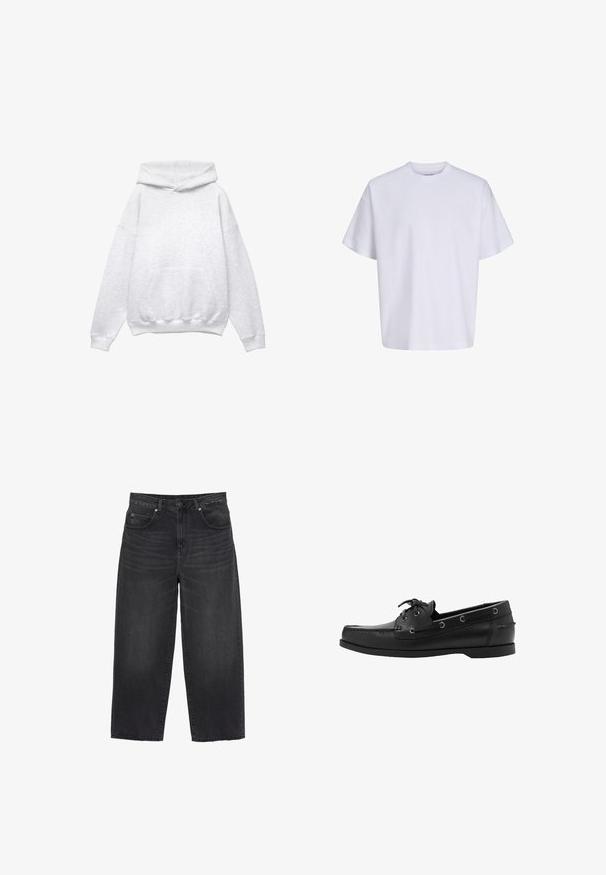 Grijze kaptrui, gemaakt van een zachte katoenmix. Heeft een voorzak, ribgebreide manchetten en zoom. Ontspannen pasvorm, zonder patronen of accenten.; Effen witte oversized T-shirt met korte mouwen, ronde hals en losse pasvorm tegen een witte achtergrond.; Zwarte wijduitlopende spijkerbroek met een hoge taille, knopen en ritssluiting aan de voorkant, riemlussen en zakken aan de voor- en achterkant.; Zwarte lederen bootschoen met veter aan de voorkant, zijoogjes, gestikte neus en platte rubberen zool, zijaanzicht.