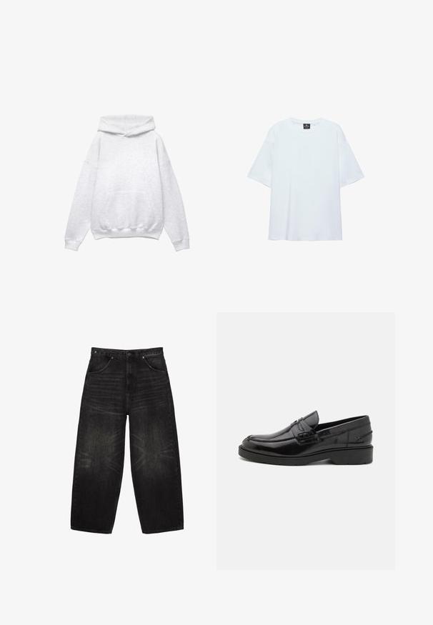Grå hættebluse lavet af blødt bomuldsblanding. Har en frontlomme, ribbede manchetter og kant. Løs pasform, uden mønstre eller accenter.; Hvid, oversized T-shirt med korte ærmer og rund halsudskæring, med en sort etiket inde i kraven på en hvid baggrund.; Sorte denimjeans med brede ben, forlommer, bæltestropper og subtilt falmede detaljer på lår og knæ.; Sorte læder loafers med en glat finish, rund tå, lav hæl og dekorativ syning langs forsiden. Gummisål for godt greb.