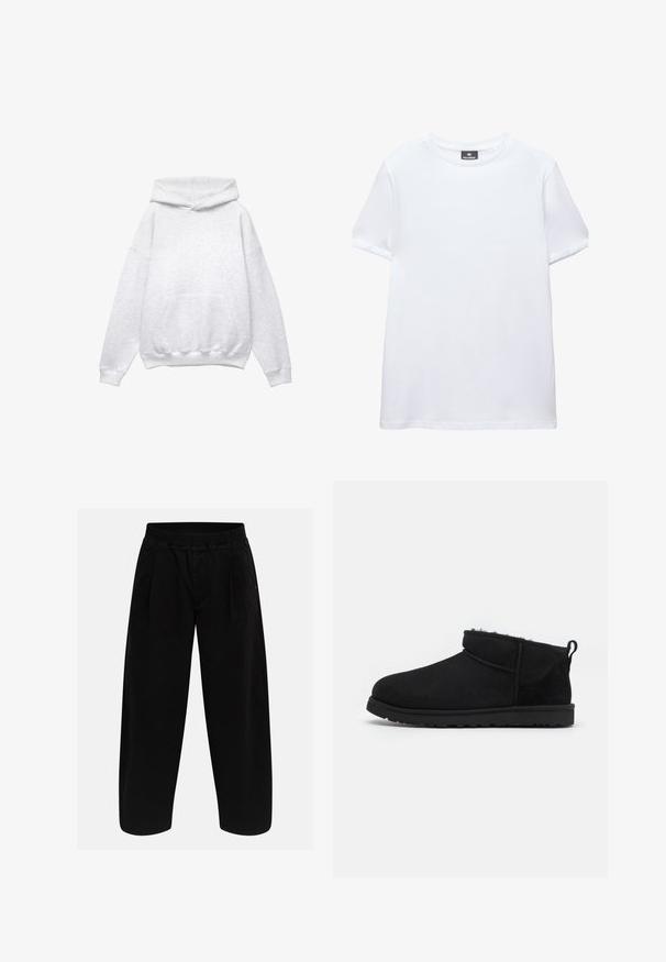 Grå hættebluse lavet af blødt bomuldsblanding. Har en frontlomme, ribbede manchetter og kant. Løs pasform, uden mønstre eller accenter.; Simpel hvid t-shirt med korte ærmer og rund halsudskæring med en sort Pull&Bear mærkat indeni kraven, vist på en hvid baggrund.; Sort bukser med brede ben, elastisk linning, frontplisseringer og lige ben, vist mod en ensfarvet lys baggrund.; Sorte ruskind ankelstøvler med en blød, tekstureret foring, lavprofilgummi sål og en løkke bagpå for nem påtagning.