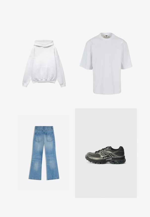 Grå hættebluse lavet af blødt bomuldsblanding. Har en frontlomme, ribbede manchetter og kant. Løs pasform, uden mønstre eller accenter.; Hvid, kortærmet t-shirt lavet af bomuld. Har rund halsudskæring og løs pasform med en glat tekstur og ingen synlige mønstre eller grafik.; Lyseblå denimjeans med høj talje, vide ben og to baglommer, vist fladt på en hvid baggrund.; Sort og grå Nike løbesko med mesh-overdel, polstret sål, synlig luftdæmpning og snørebånd på en almindelig hvid baggrund.